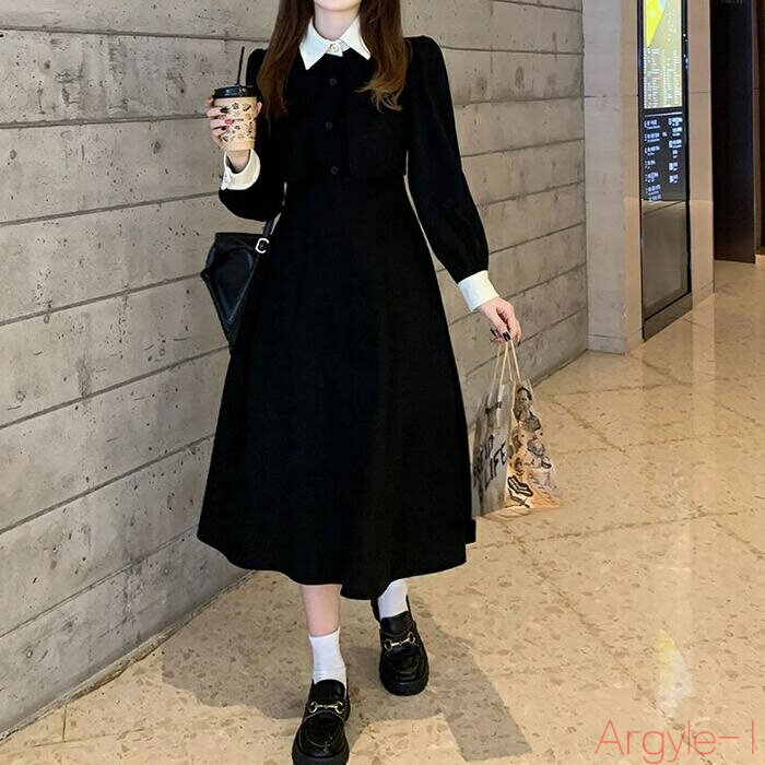 【送料無料】ワンピース ワンピ ドレス 袖あり レイヤード風 レディース エレガント きれいめ カジュアル 長袖 大人 可愛い フェミニン ミモレ丈 配色 Aラ...