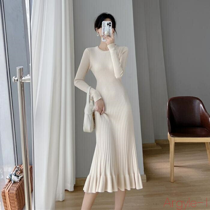 【送料無料】ニット ワンピース ドレス マーメイド ワンピ リブ 袖あり レディース エレガント きれいめ カジュアル ミモレ丈 フレア 長袖 大人 可愛い A...