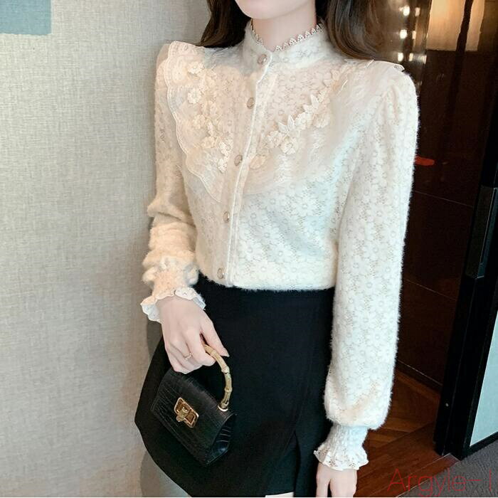 【送料無料】トップス ブラウス シャツ レディース きれいめ カジュアル 大人可愛い 春 秋 冬 レース 裏起毛 長袖 フラワー スタンドカラー パフスリーブ 暖かい クラシカル