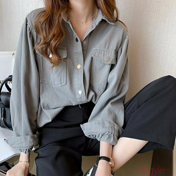 【送料無料】トップス シャツ ブラウス デニム 羽織り エレガント レディース 大人 可愛い きれいめ カジュアル フェミニン 長袖 シンプル ベーシック 無地 ゆったり オーバ