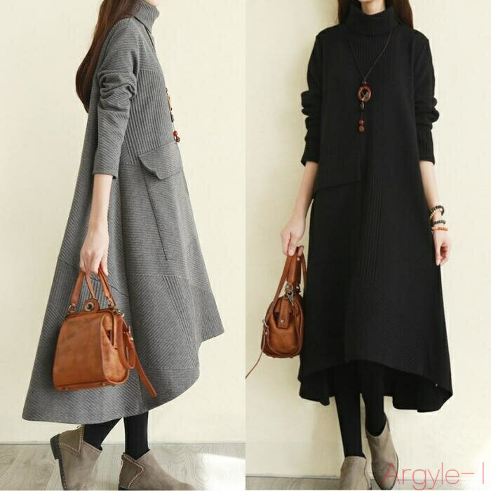 【送料無料】ワンピース ワンピ ドレス レディース きれいめ カジュアル 大人可愛い 春 秋 冬 長袖 タートルネック ミモレ丈 リブ Aライン ゆったり 楽ち...