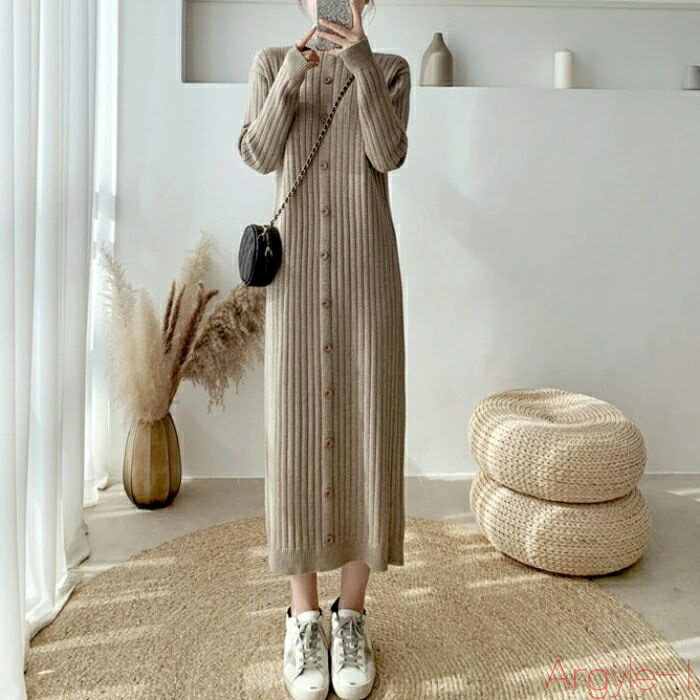 【送料無料】ワンピース ワンピ ドレス ニット 袖あり ハイネック リブ レディース エレガント きれいめ カジュアル 長袖 大人 可愛い フェミニン ミモレ丈...