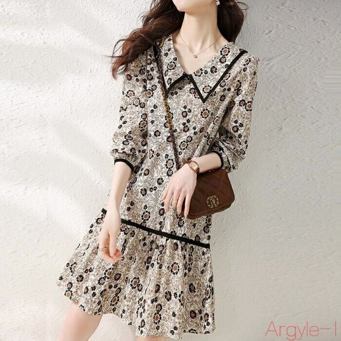 【送料無料】ワンピース ドレス フレア 袖あり 花柄 フラワー 襟付き ティアード レディース エレガント きれいめ カジュアル 七分袖 ショートワンピ ひざ丈...