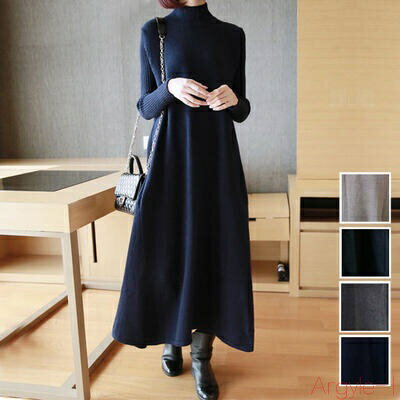 【送料無料】ウール混 ニット ワンピース ロングワンピ 袖あり きれいめ カジュアル ロング丈 おしゃれ レディース ハイネック ドレス Aライン 体型カバー ...