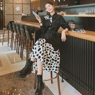 【送料無料】切り替え ワンピース ロングワンピ レディース 袖あり 長袖 きれいめ カジュアル ミモレ丈 シャツワンピ ドレス ハイウエスト プリント ブラック...