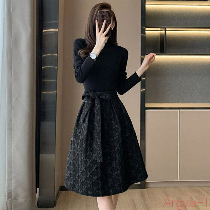 【送料無料】ワンピース ワンピ ドレス セパレート風 リボン レディース エレガント きれいめ カジュアル 大人 可愛い フェミニン 長袖 ひざ丈 ハイウエスト...