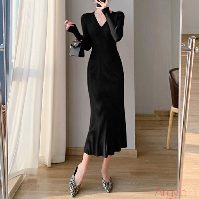 【送料無料】ワンピース ニット ワンピ ドレス リブ マーメイド 袖あり レディース エレガント きれいめ カジュアル 大人 可愛い フェミニン 長袖 ミモレ丈...