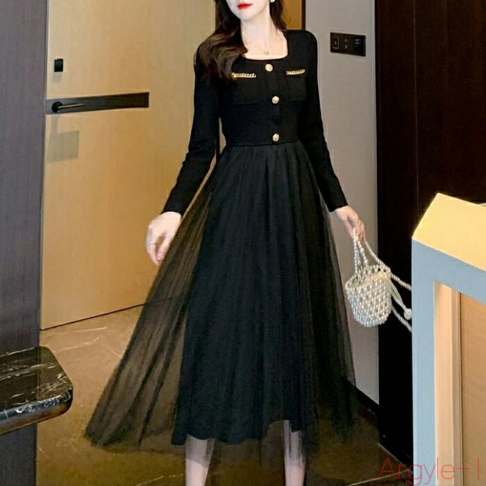 【送料無料】ワンピース ワンピ ドレス ニット 袖あり チュール 異素材ミックス レディース エレガント きれいめ カジュアル 大人 可愛い フェミニン 長袖 ...