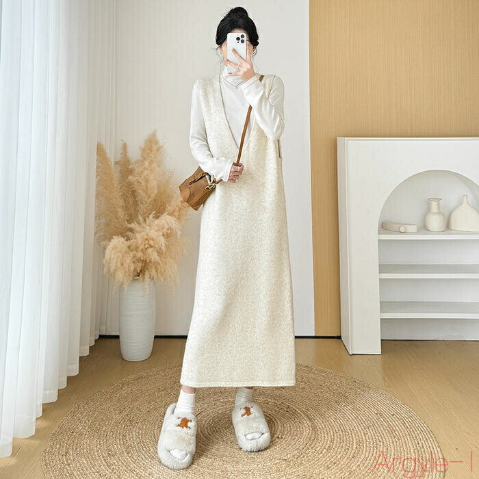 【送料無料】ワンピース ワンピ ドレス ニット レイヤード ノースリーブ レディース きれいめ カジュアル 大人 可愛い ミモレ丈 重ね着 Vネック シンプル ...