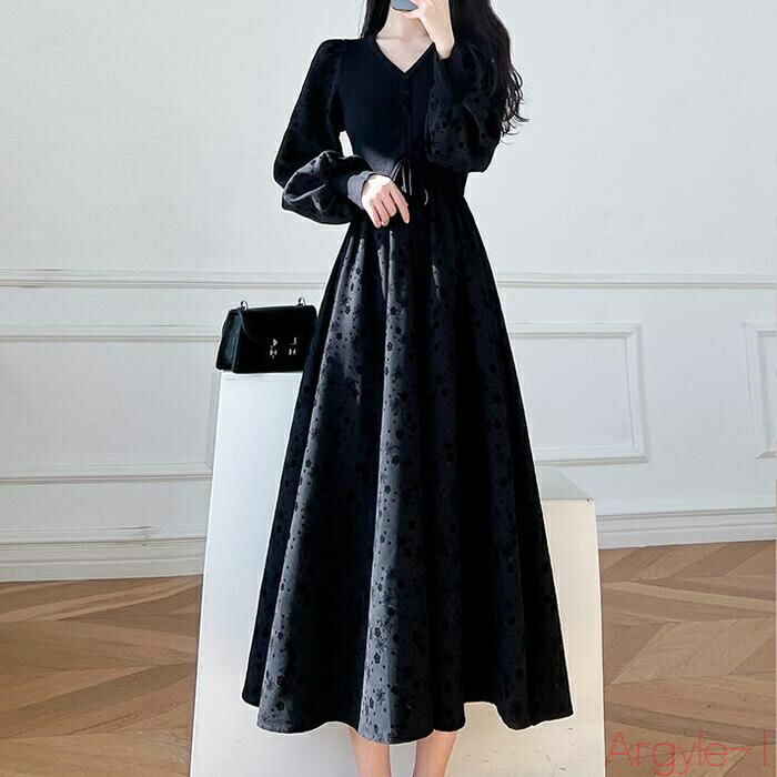 【送料無料】ワンピース ロングワンピ 袖あり ボリュームスリーブ ニット 花柄 レディース エレガント きれいめ カジュアル ミモレ丈 長袖 おしゃれ 大人 可...