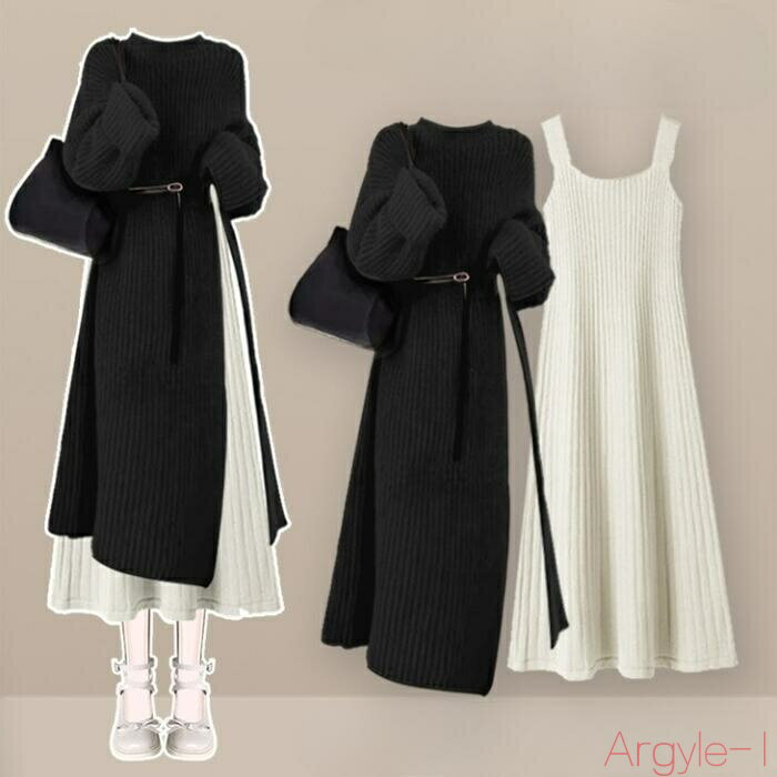 【送料無料】レイヤード セットアップ レディース ワンピース ニット ノースリーブ 長袖 2点セット カジュアル きれいめ ミモレ丈 大人 可愛い 体型カバー ...