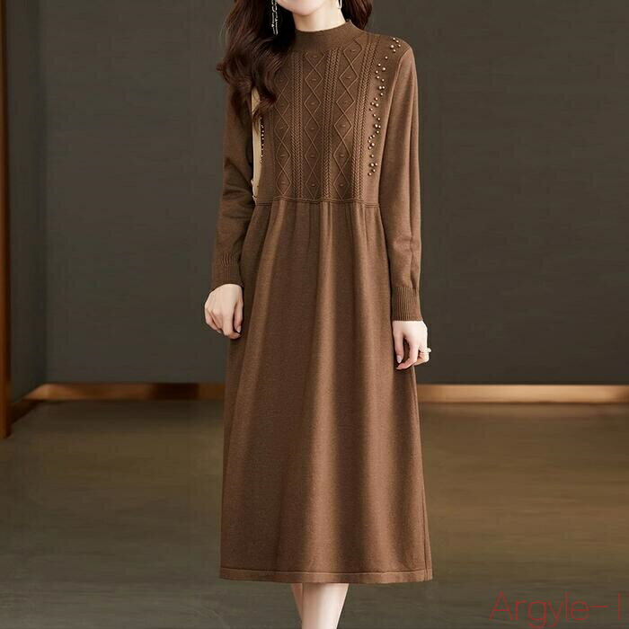 【送料無料】ワンピース ニット ワンピ ドレス ケーブル 袖あり 切り替え パール ビーズ レディース きれいめ カジュアル 大人 可愛い 長袖 ひざ丈 シンプ...