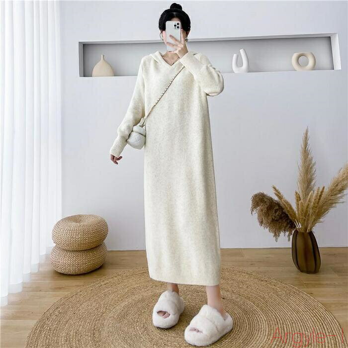 【送料無料】ワンピース ワンピ ドレス ニット フード パーカー 袖あり レディース エレガント きれいめ カジュアル 大人 可愛い フェミニン 長袖 ミモレ丈...