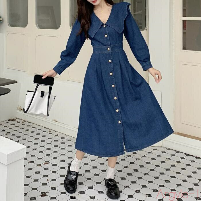 【送料無料】ワンピース ワンピ ドレス ビッグカラー セーラーカラー デニム 袖あり レディース エレガント きれいめ カジュアル 大人 可愛い フェミニン 長...