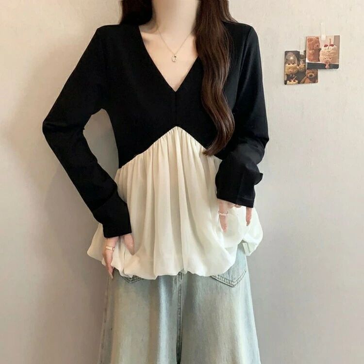 大きいサイズ Vネック レディース トップス プルオーバー Tシャツ インナー ペプラム 長袖 重ね着風Tシャツ ビスチェ タック ドッキング 重ね着風 レイヤード ギャザー 夏服 秋 春 argyle-1-10069674 アーガイル サンプル画像2