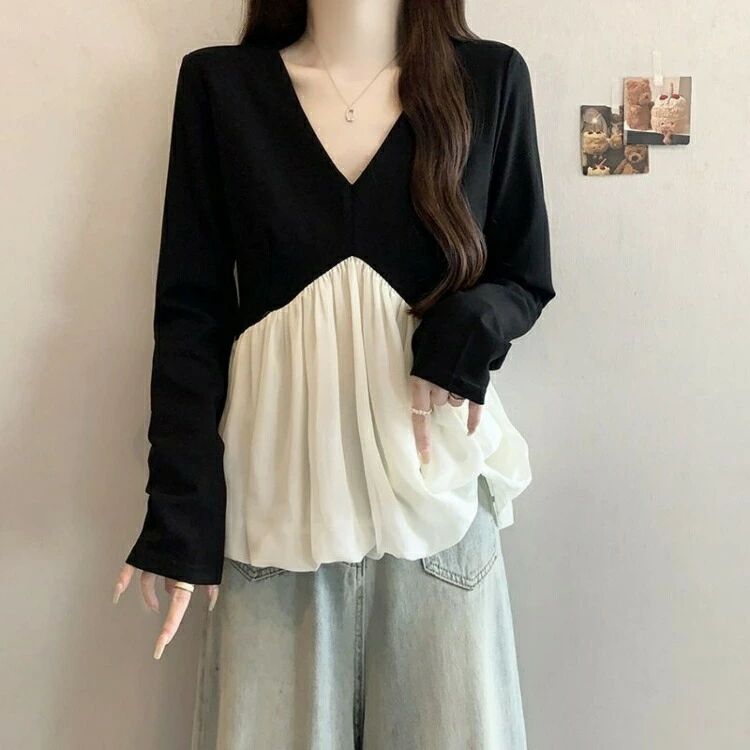 大きいサイズ Vネック レディース トップス プルオーバー Tシャツ インナー ペプラム 長袖 重ね着風Tシャツ ビスチェ タック ドッキング 重ね着風 レイヤード ギャザー 夏服 秋 春 argyle-1-10069674 アーガイル サンプル画像3