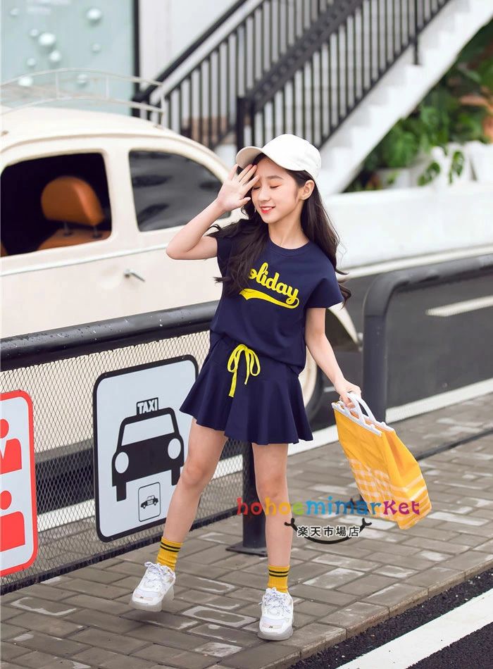アーガイルの送料無料 韓国子供服 女の子 セットアップ Tシャツ ショートパンツ スカート 2点セット 体操服 チアガール 夏服 キッズ 姫系 上下セット オシャ プリント 運動会 遠足 活動 通園 通学 海外旅行 ネイビー ピンク ホワイト 110 120 130 140 150 S M L｜アングル3