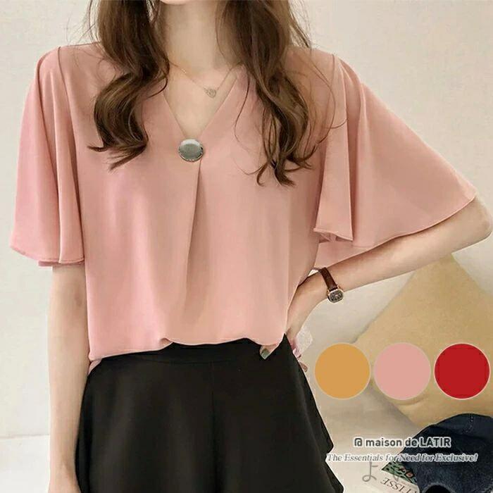 乐天商城 - 【送料無料】vネック ブラウス ゆったり 無地 半袖 シフォン vネック tシャツ トップス 韓国ファッション 春 セクシー 春服 春 韓国