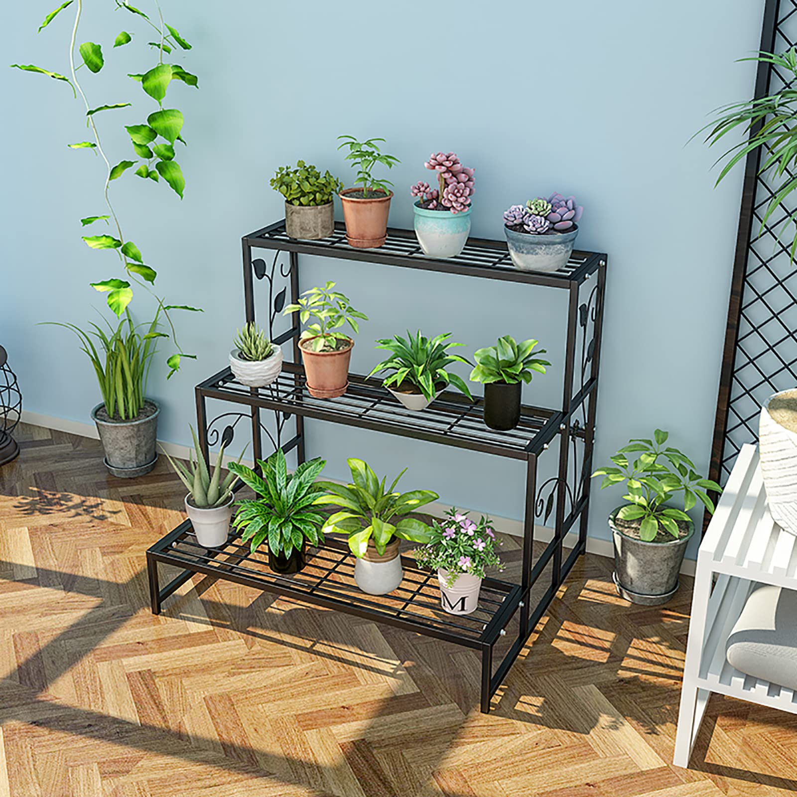 Rakuten - プランタースタンド ガーデンラック フラワースタンド?鉄製 ガーデンラック 屋外 園芸ラック 鉢植え スタンド 錆びない2段 3段横型花台 フラワーラック 屋外 内 ガーデン用品 おしゃれ 組立簡単 80cm スタイル3
