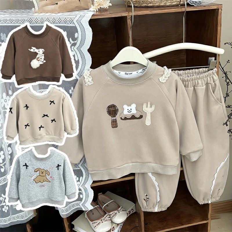 Rakuten - 送料無料 セットアップ パンツセット 子供服 セーター パンツ 子供服 キッズ キッズ服 女の子 ガールズ リボン付き ポンポン付き レース 犬 コットン 綿 かわいい 春服 秋服 冬服 80~150cm カジュアル 通園 通学 ルームウェア 学校用 普段着 楽天海外通販