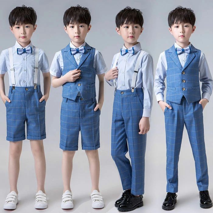 Rakuten - スーツ 男の子 子供服 フォーマル 4点セット 細身 発表会 結婚式 キッズ ジュニア 卒園 入園 入学式 小学生 フォーマル 子供服　90 100 110 120 130 140 150 160 ブルー チェック柄 サスペンダー ネクタイ シャツ パンツ ベスト 4種類