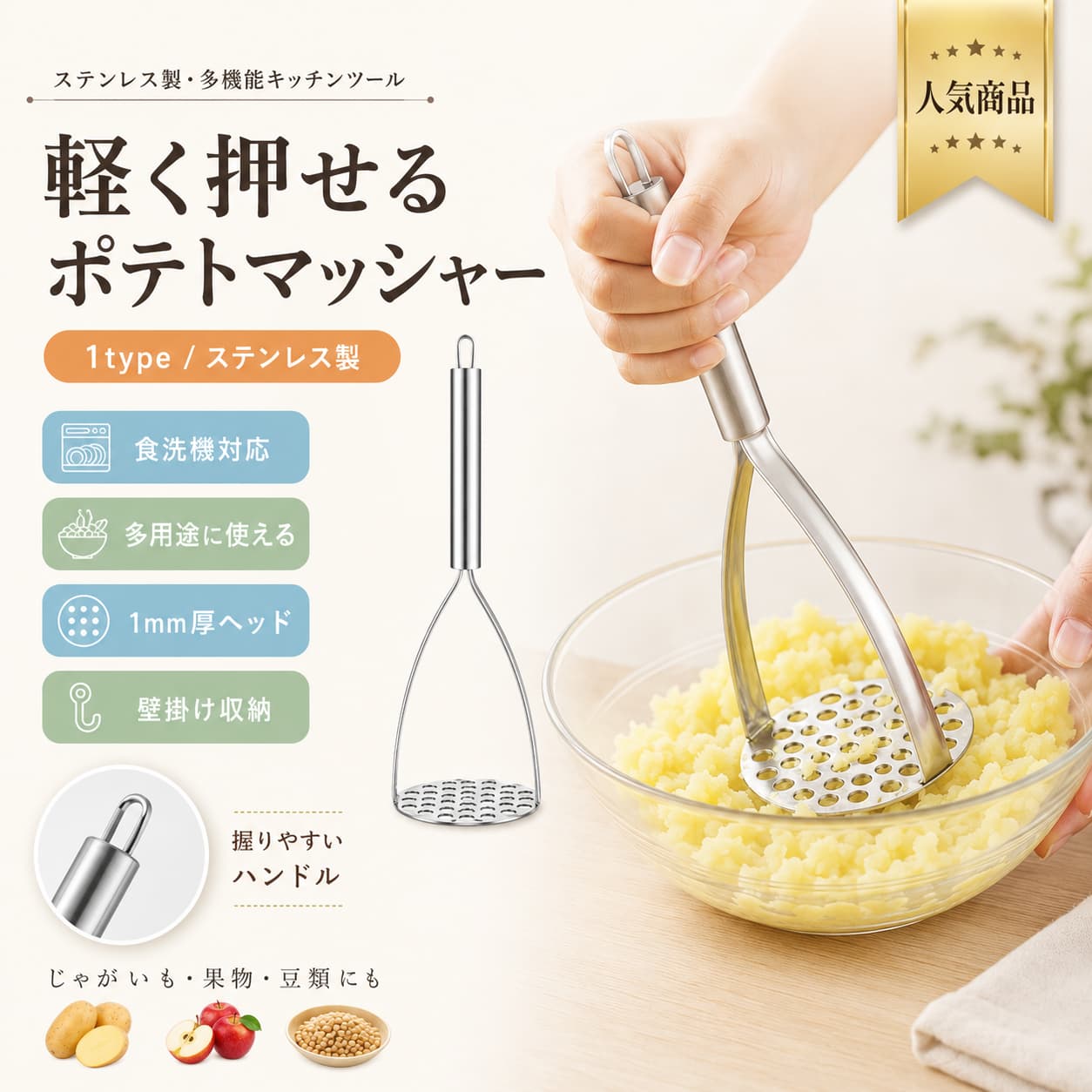 マッシャー ポテトマッシャー ステンレス製 多機能 離乳食調理器具 じゃがいも さつまいも たまご 果物 野菜つぶし キッチン用品 食洗機対応 壁掛け収納