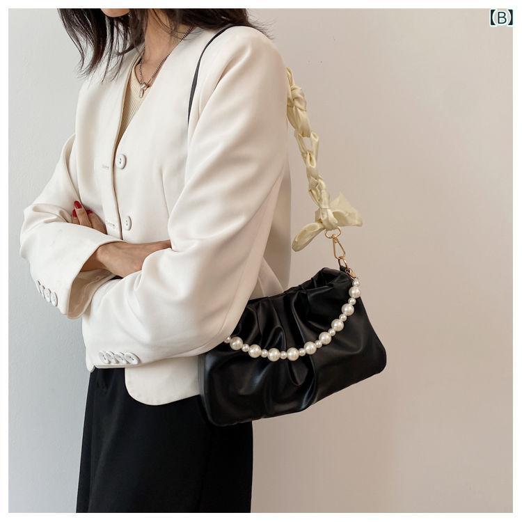レディース ショルダーバッグ パール プリーツ 雲モチーフ 鞄 爽やか 上品 女性用 斜め掛け 普段使い コンパクト 軽量 百搭の商品画像 2