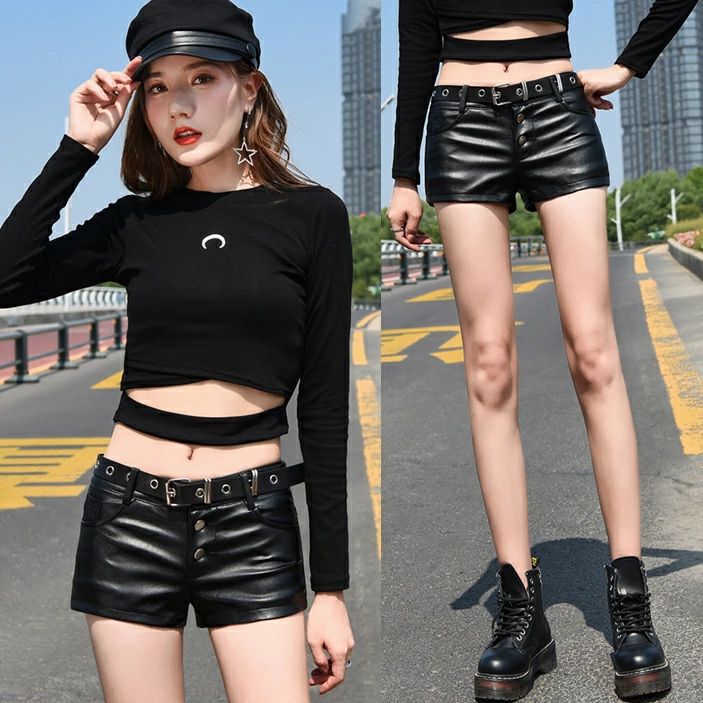 乐天商城 - レザーショートパンツ フェイクレザー 短パン レディース ショーパン PU革 ホットパンツ ハイウエスト ヒップホップ HIPHOP ダンス衣装 女性用