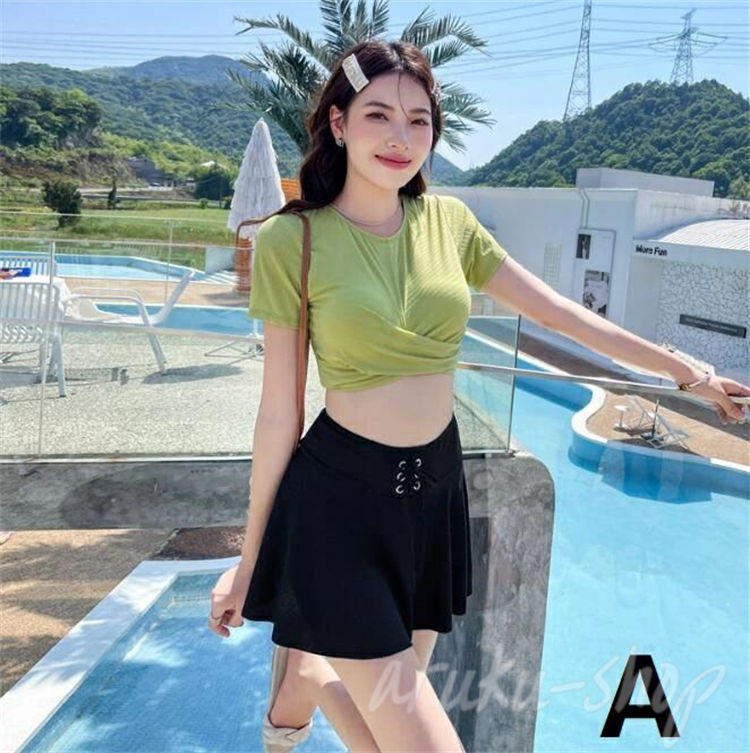 アーガイルのレディース パッド付き 海水浴 練習用 婦人 可愛い 水泳 水着 2点セット フレアスカート 水着 水遊び 半袖｜アングル2