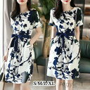 【送料無料】ワンピース レディース 春 夏 リボン ロング 総柄 マキシワンピ 体型カバー 膝丈 ホワイト ネイビー 20代 30代 40代 50代 母