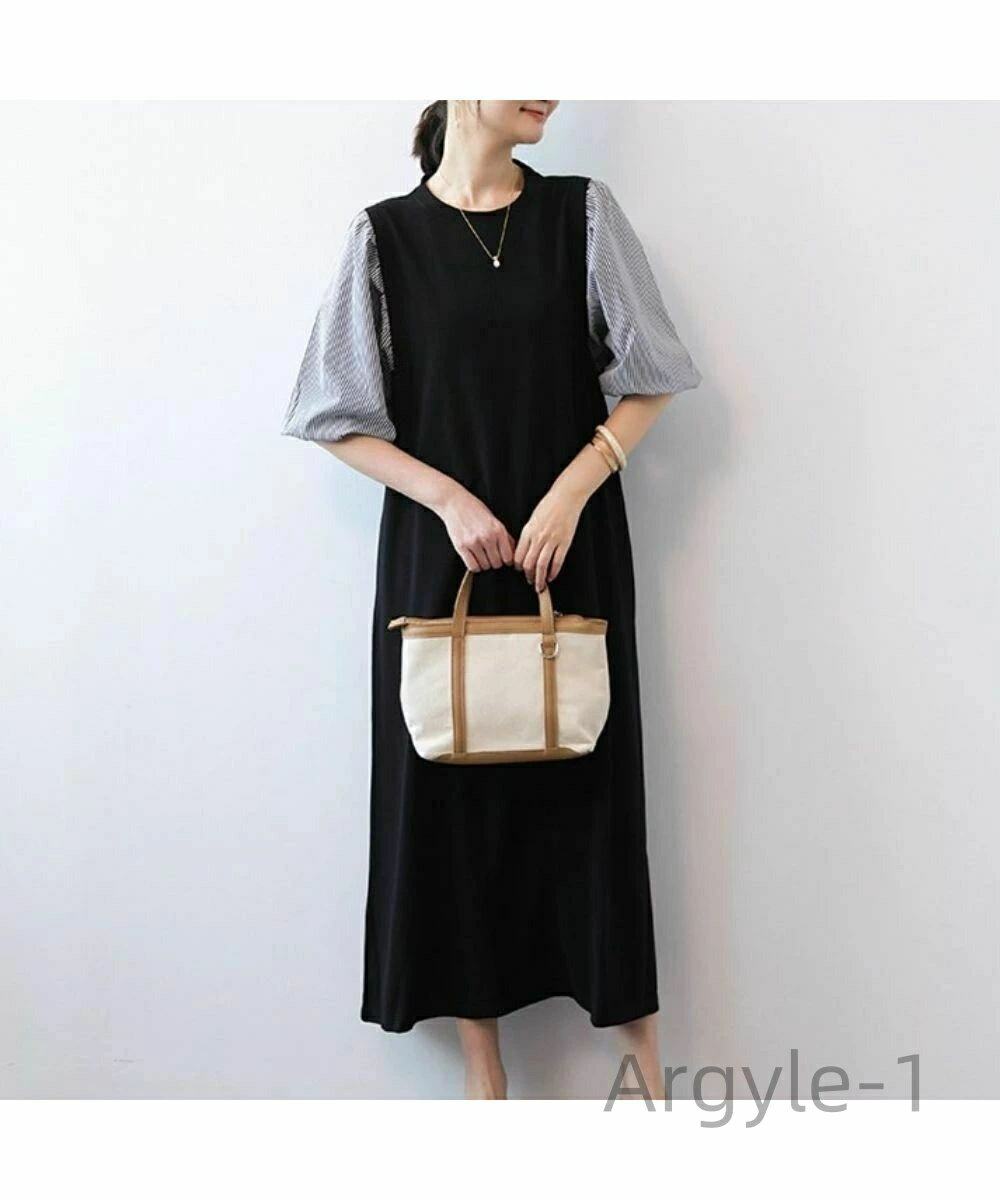 【送料無料】1枚でおしゃれに見せるボリューム袖切り替えロングワンピース 大人 ゆったり きれいめ カジュアル 上品 シンプル 秋 半袖 5分袖 重ね着風