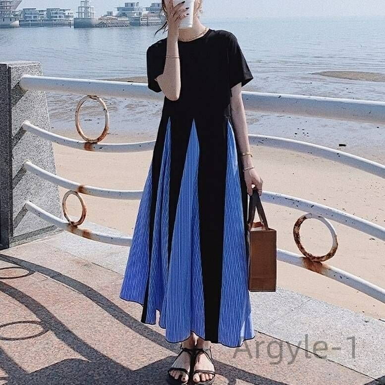 【送料無料】ワンピース ストライプ切り替えロングワンピース ワンピース シャツワンピース フレアワンピース ロングドレス ロング丈 マキシ 半袖 切り替えデザイ...