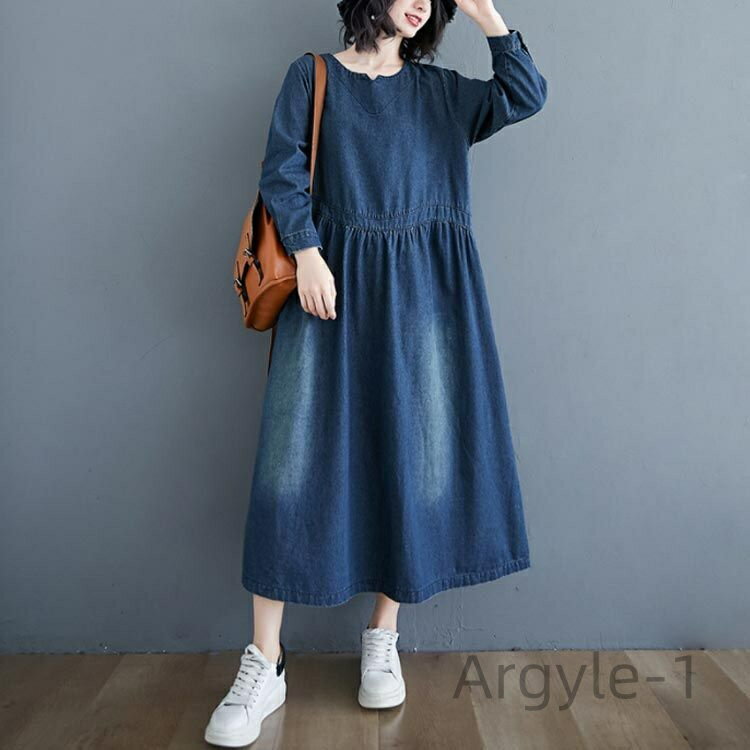 【送料無料】デニム ワンピース 春 秋 長袖 レディース チュニック カジュアル デニムワンピース ひざ下 ミモレ丈 ゆったり カジュアル 着痩せ 体型カバー 大きいサイズ ワンピ ワンピース 可愛