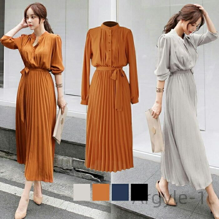 【送料無料】ピース プリーツ ウエストリボン ロング丈 スタンドカラー 長袖 シャツ シャツワンピ レディース 夏 春 エレガント