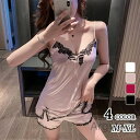 【送料無料】ィース 春夏 キャミソールパジャマ 大人セクシールームウェア レースvネック ショット丈パンツ上下セット パジャマ 部屋着 大人