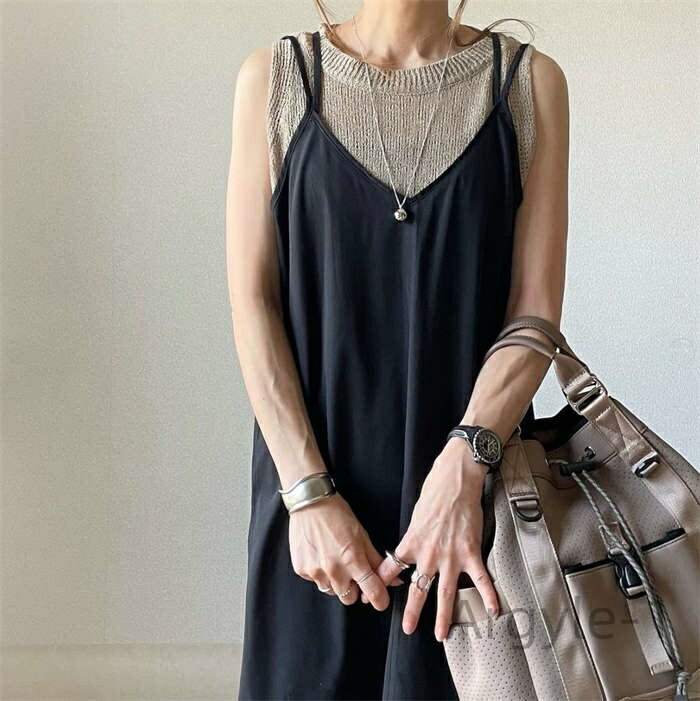 【送料無料】め 黒 大人 オフィス シンプル レイヤード ノースリーブ 重ね着 無地 フレア 大人可愛い 楽ちん カジュアル ブラック グリーン F