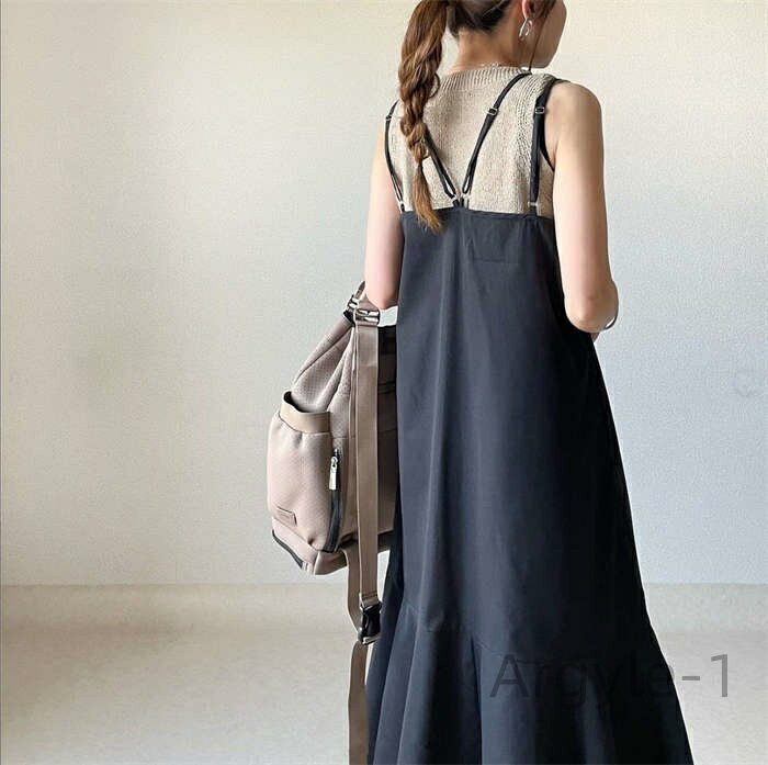 【送料無料】め 黒 大人 オフィス シンプル レイヤード ノースリーブ 重ね着 無地 フレア 大人可愛い 楽ちん カジュアル ブラック グリーン F