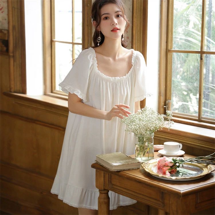 【送料無料】着 女性用 寝巻き 肌触りよい ワンピースパジャマ 可愛い 綿 秋 春夏 プリンセス風 半袖パ..