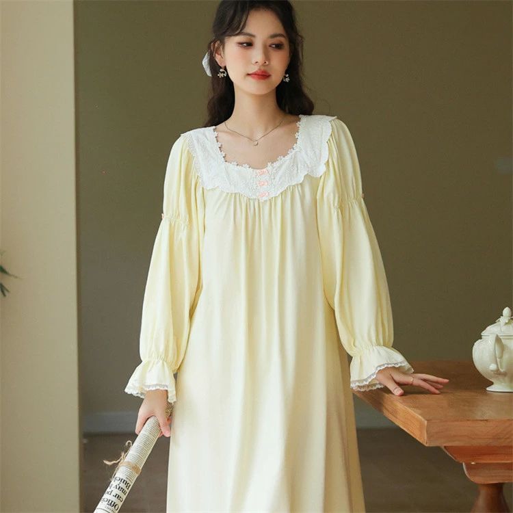 【送料無料】女性用 パジャマ 寝巻き 肌触りよい ワンピースパジャマ 可愛い レディース パジャマ 綿 長袖 秋冬 春夏 宮廷風 姫系 ネグリジェ