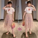【送料無料】セットアップ キッズ 女の子 半袖 春夏 2点セット 上下セット Tシャツ 薄手 膝丈スカート ジュニア おしゃれ カジュアル 可愛い 涼しい