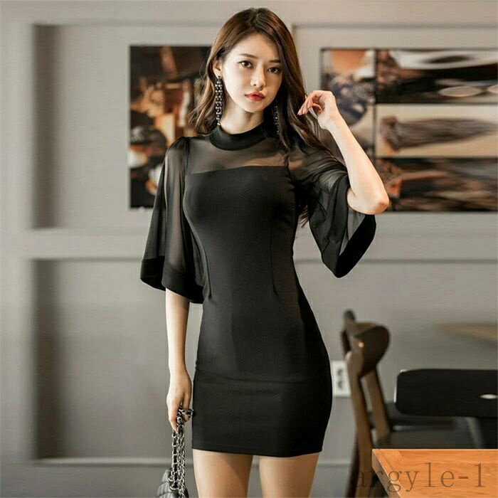 【送料無料】レディース パーティードレス ミニワンピース ワンピース レディース シースルー袖 ミニ丈 袖あり ドッキング プリーツ 結婚式 二次会