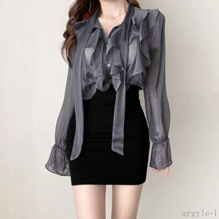 【送料無料】大人 長袖 おしゃれ カジュアル きれいめ エレガント レディース 羽織り リボン ボウタイ フリル ラッフル シャツ ブラウス