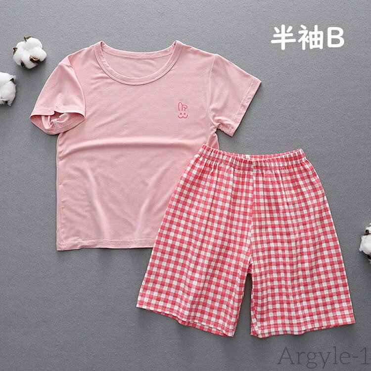 アーガイルの【送料無料】パジャマ キッズ 半袖 七分袖 春 夏 親子 女の子 パジャマ 可愛い おしゃれ チェック ルームウエア 部屋着 半袖ガウン 寝巻き 部屋着 上下セット ゆったり｜アングル3