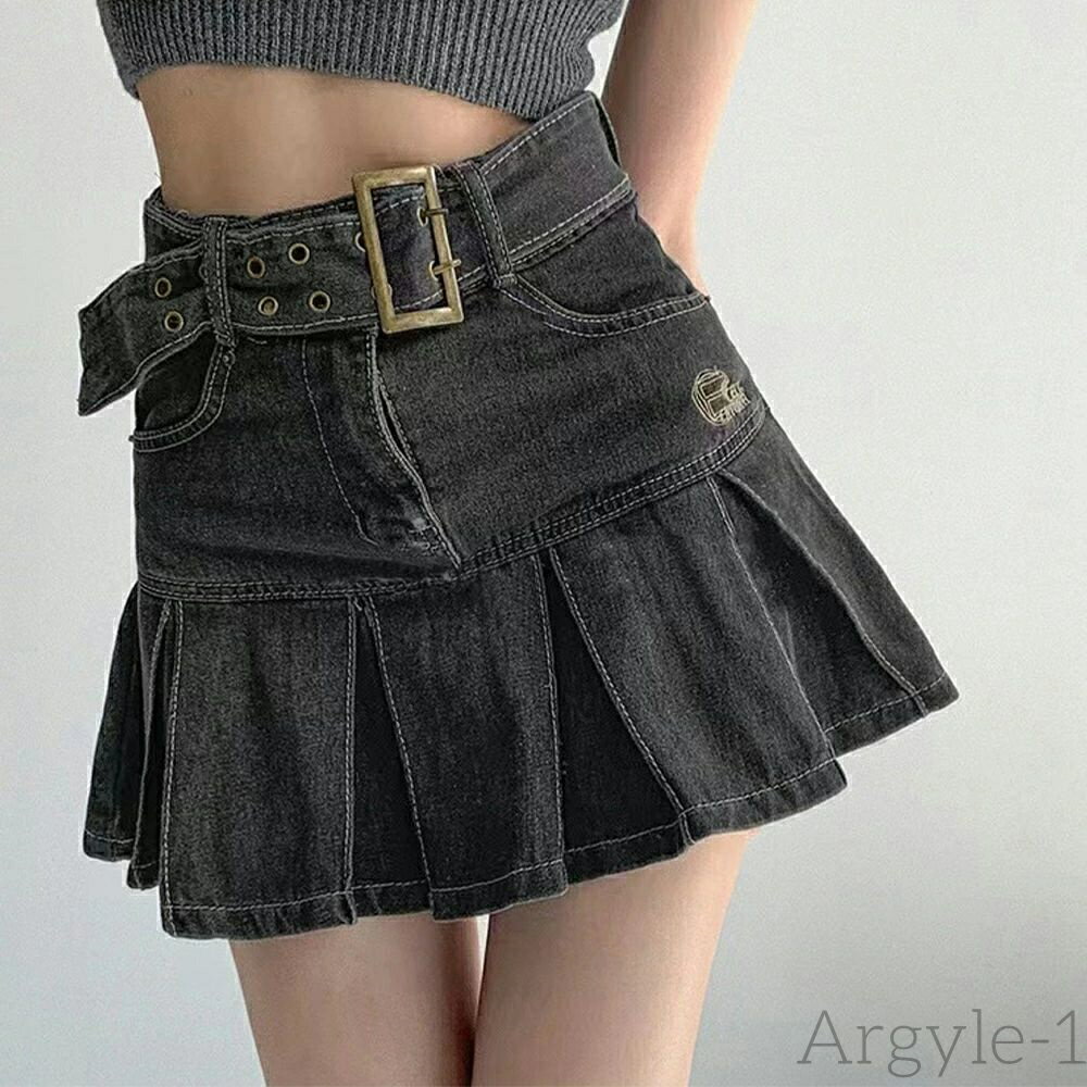 【送料無料】ミニデニムプリーツスカート ベルト付き ジャンパースカート