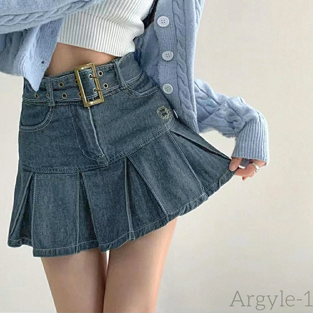 【送料無料】ミニデニムプリーツスカート ベルト付き ジャンパースカート