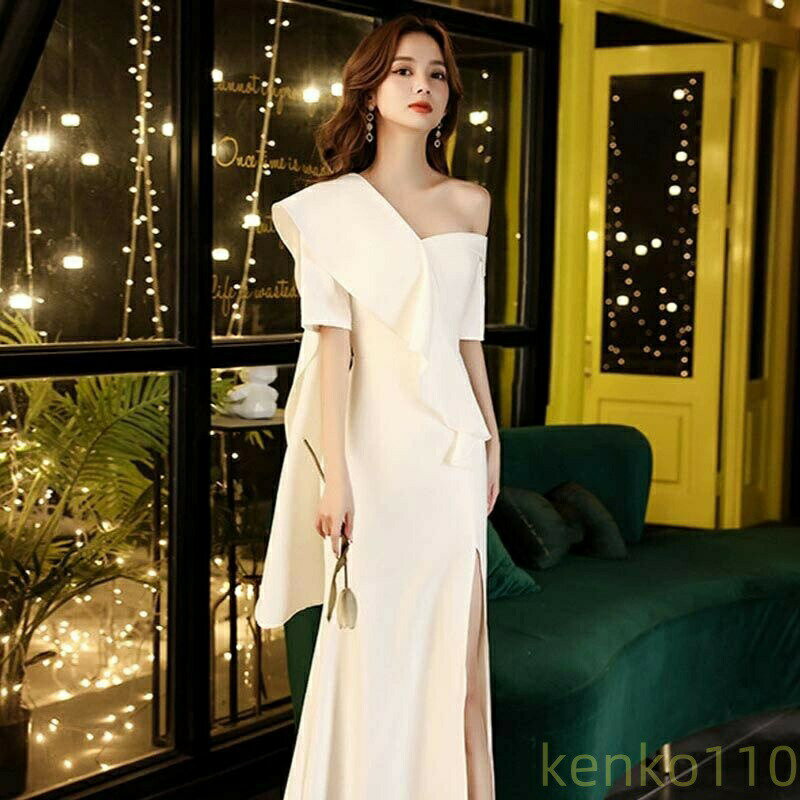 ウエディングドレス 花嫁 おしゃれ ロングドレス結婚式 シンプル ロングワンピース 二次会 ワンショルダー セクシー パーティードレス スリット ブライダル 前撮り 撮影 着痩せ wedding dress ?