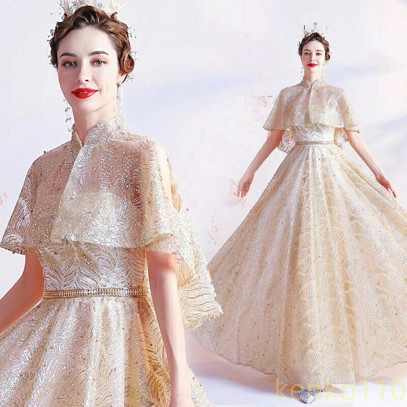 カラードレス袖あり 演奏会 ステージ 衣装 結婚式 Aラインドレス ブライト 前撮りドレス 編み上げタイプ イブニングドレス ロングドレ..