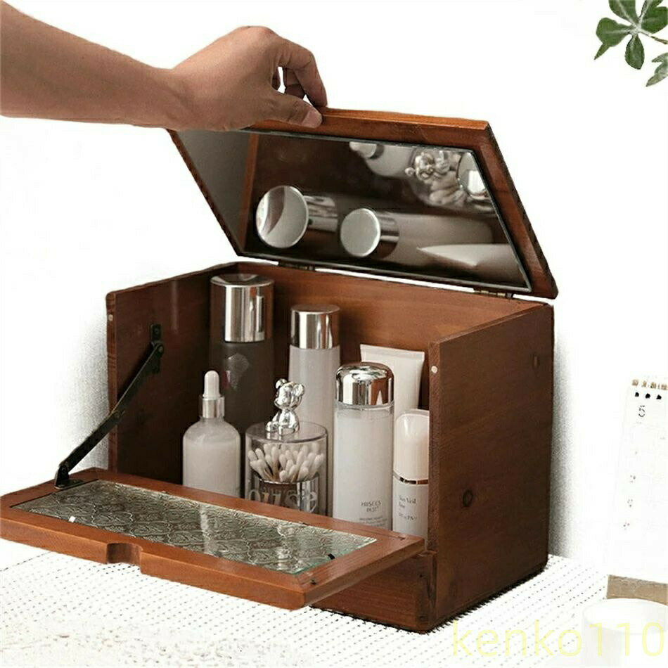 【送料無料】化粧品収納ケースメイクボックス コスメボックス コスメ 化粧品 メイク道具 収納 【コンパクトなのに鏡】 鏡 ミラー 軽量レトロ木製大容量デスク収納ケース