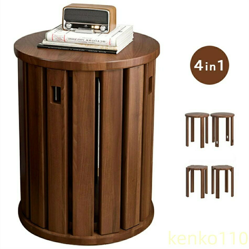 【送料無料】スタッキングチェア 組立不要 組み合わせ式 チェア 4脚セット　テーブルスタッキング・スツール椅子4in1　木いす　丸型　木製 おすすめ 天然木　机　テーブルスタッキング?