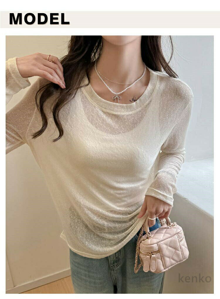 えーあいの【送料無料】シアートップス ロングTシャツ レディース ロンT Tシャツ 無地 シアー ロンt トップス 長袖 tシャツ カットソー 春 夏 レイヤード 重ね着 クルーネック シースルー｜アングル3